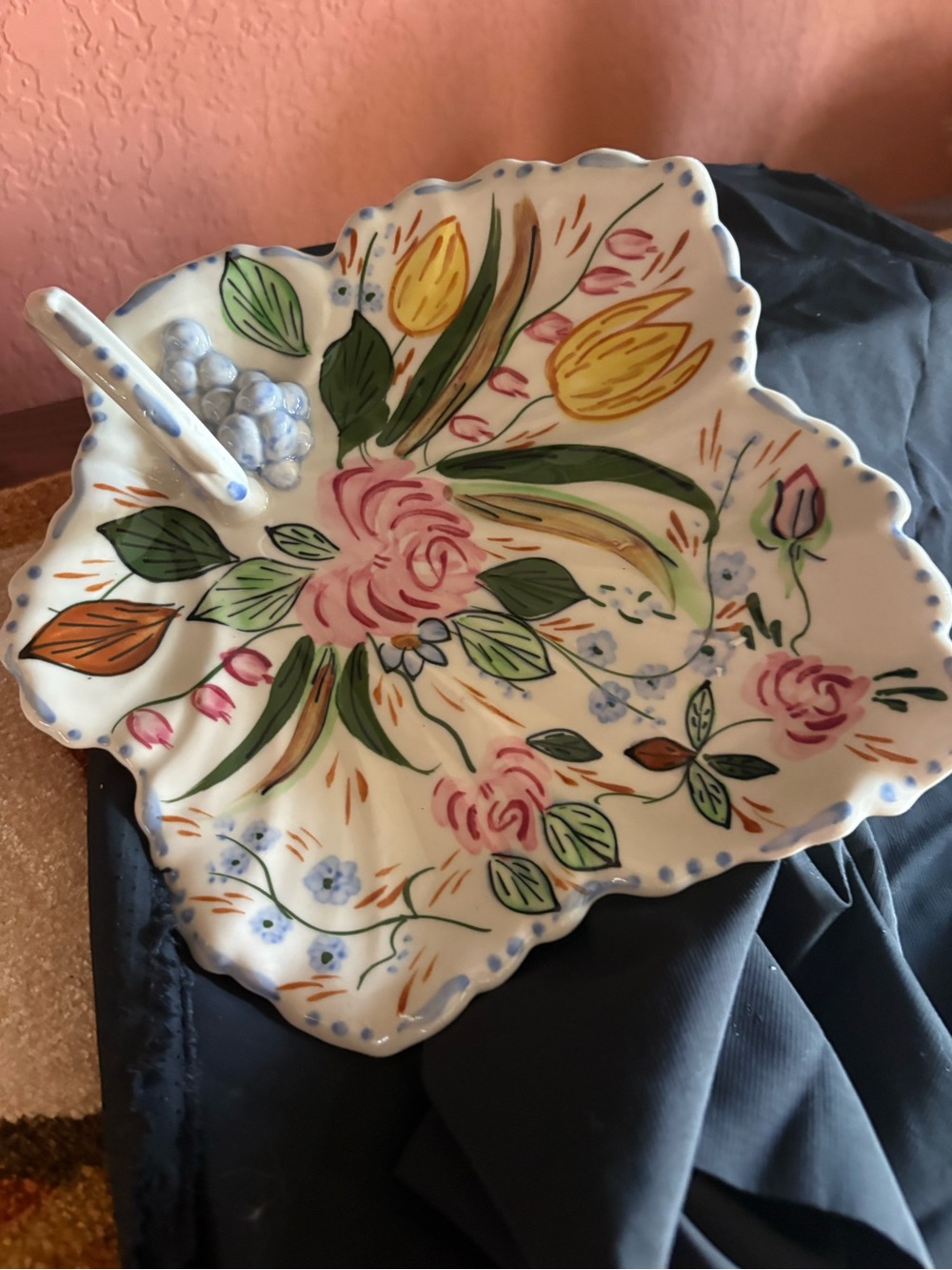 Hand-Painted Floral Leaf Serving Dish - White with Multi-Color Accents